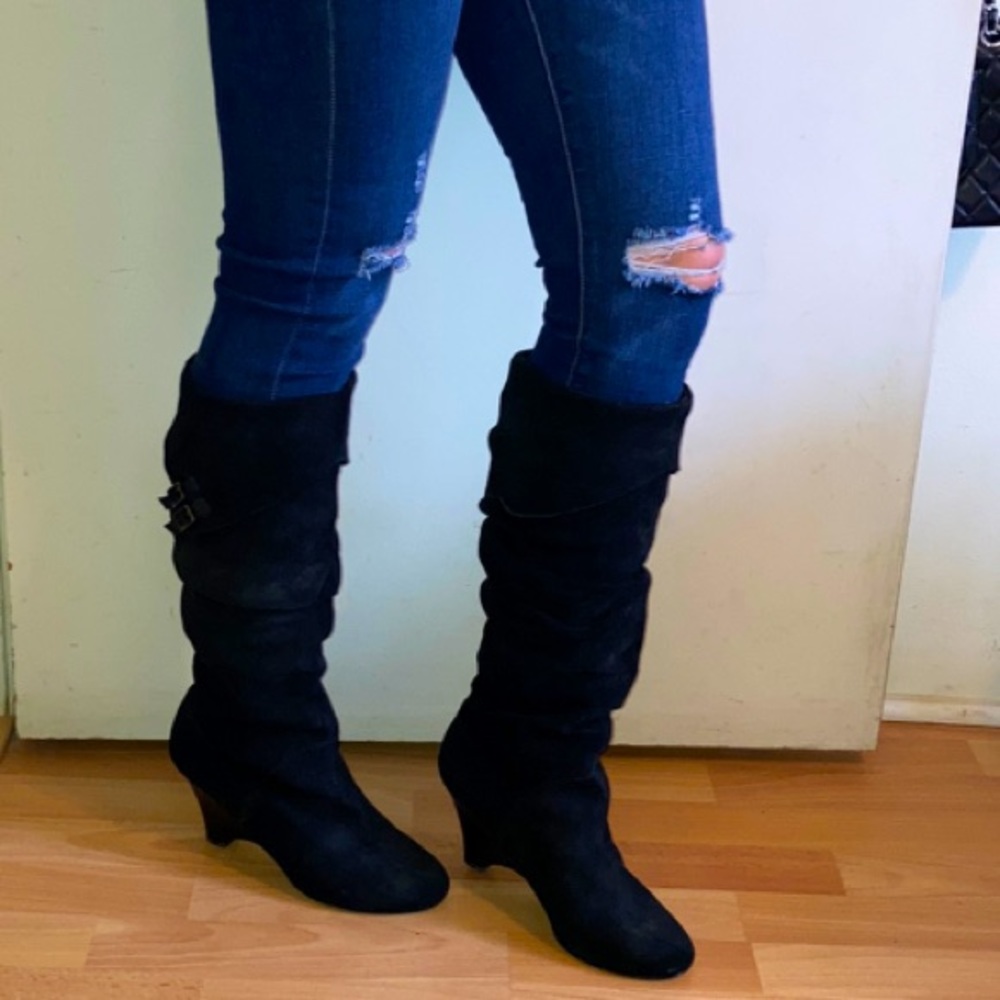 Suede Leather Cuff Knee High Heel Boots